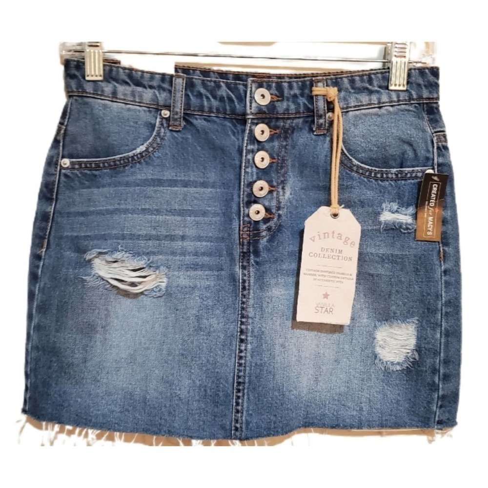 Raw Hem Denim Mini Skirt Button Fly Juniors Size 5 Distressed Jean Rustic